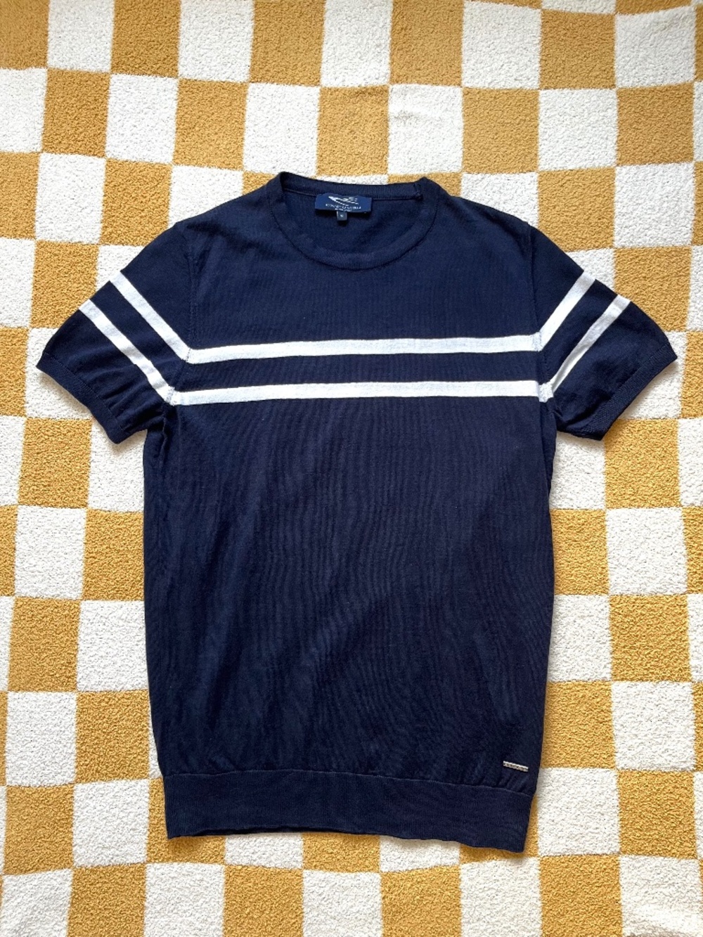 Edoardo Caravella Mens Knitted Cotton Crew T-Shirt Sz M Navy Short Sleeve
